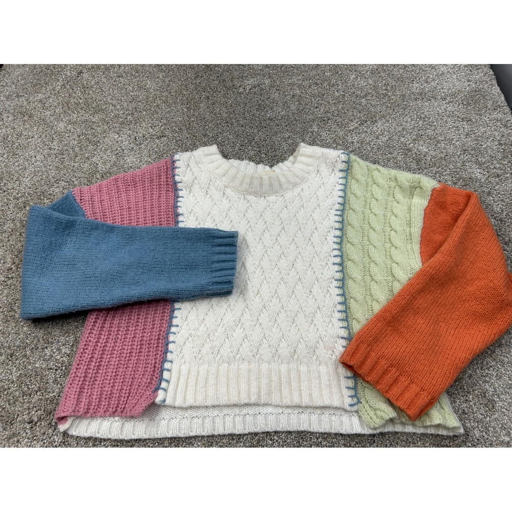 New In Womens Colorblock Cable Knit Sweater Patchwork Crewneck Large #0687